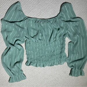 Womens L milkmaid crop top smocked semi sheer ruffles ribbon feminine peasant